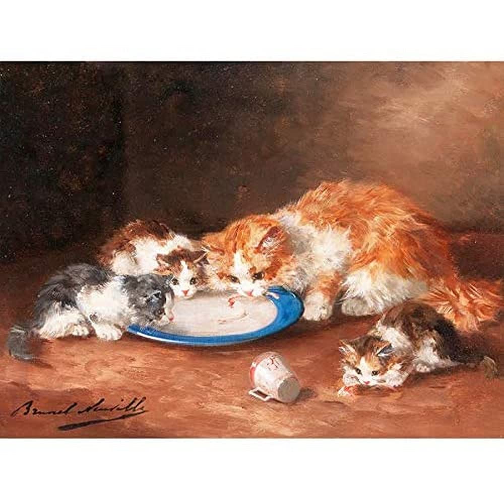 Brunel-neuville Mother Cat Kittens Painting Art Print Canvas Premium Wall Decor Poster Mural