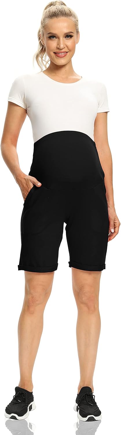 V VOCNI Women's Maternity Shorts Lounge Cotton Bermuda Shorts Folded Hem Pregnancy Shorts with Pockets at  Women’s Clothing store