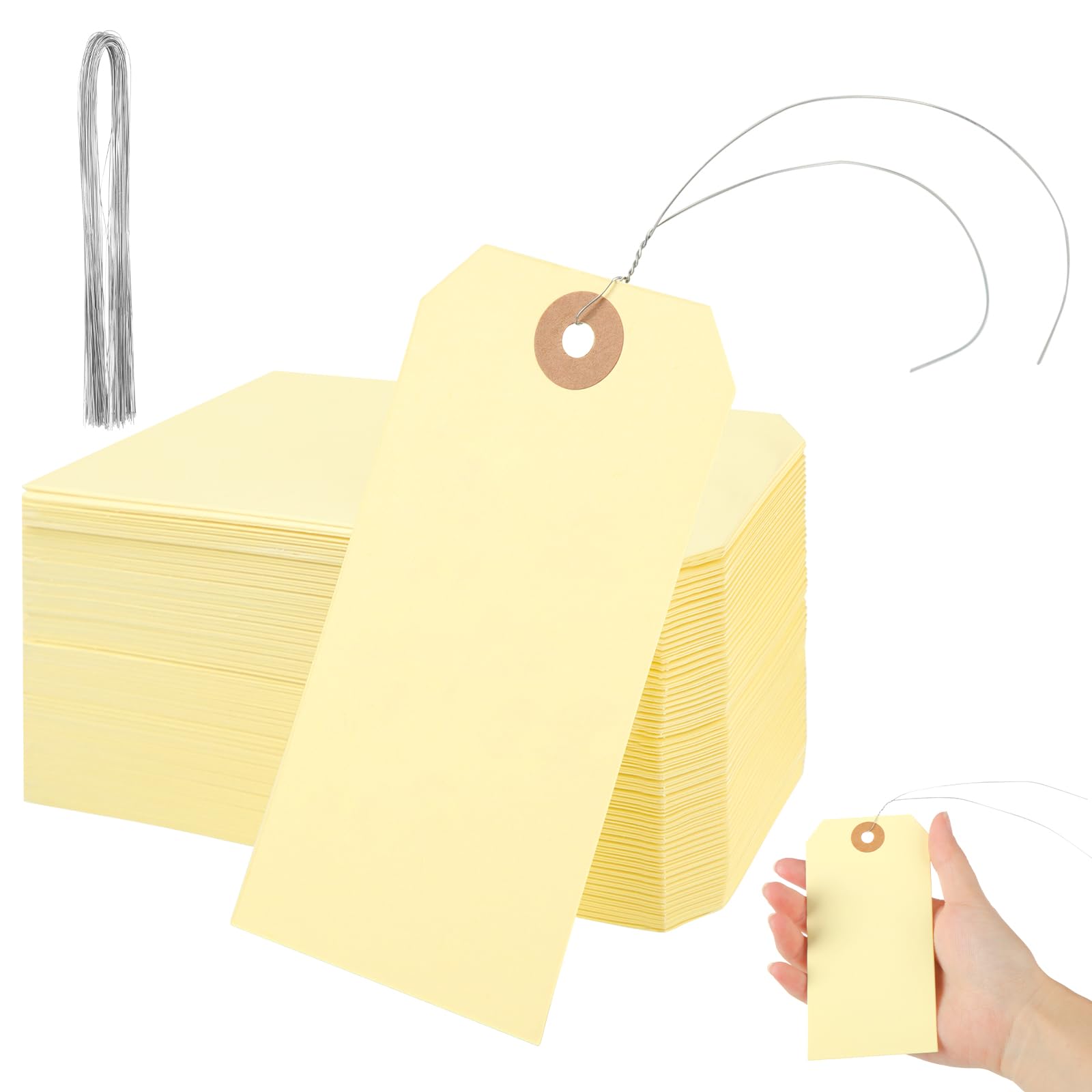 View 1 of 100Pcs Blank Tags with Wire 4 3/4 x 2 3/8 inches Manila Hang Tags with String Write on Clothing Paper Labels Attached Reinforced Hole