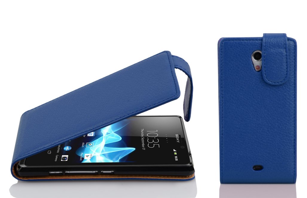 cadorabo Case works with Sony Xperia T in NAVY BLUE - Flip Style Case made of Structured Faux Leather - Wallet Etui Cover Pouch PU Leather Flip