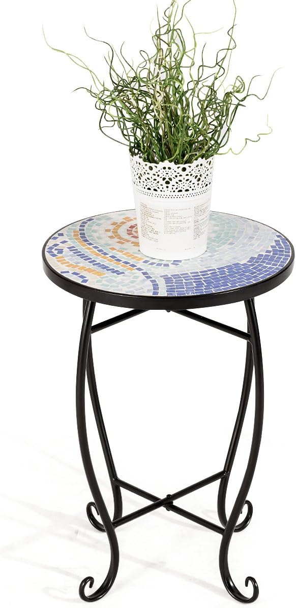 Giantex Mosaic Round Side Accent Table Patio Plant Stand Porch Beach Theme Balcony Back Deck Pool Decor Metal Cobalt Glass Top Indoor Outdoor Coffee End Table(Navy): Garden & Outdoor