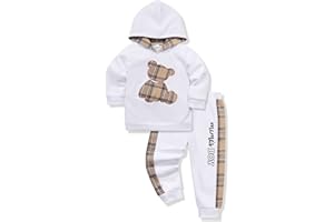 Yoxindax Toddler Baby Boy Clothes Outfits Plaid Bear Long Sleeve Hoodie Patchwork Pant Boy 2PC Outfit Set