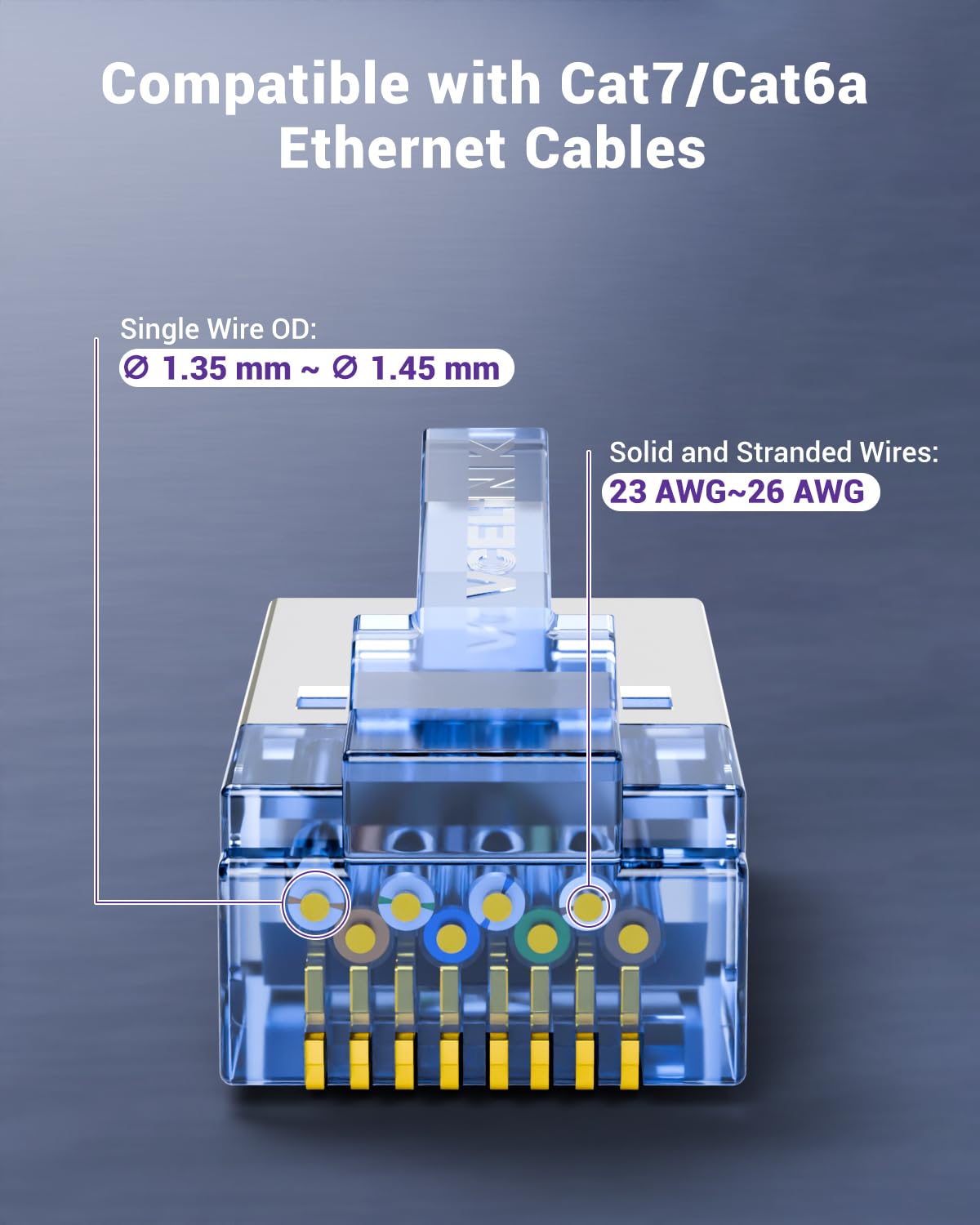 VCELINK Cat6A RJ45 Connector Shielded Non-Pass Through 25-Pack, Gold-Plated Modular Plug RJ45 Ends for Cat7/Cat6A STP/FTP Cable Solid and Stranded Ethernet Wire，Blue (RJ45 Connectors, 25 Pack)