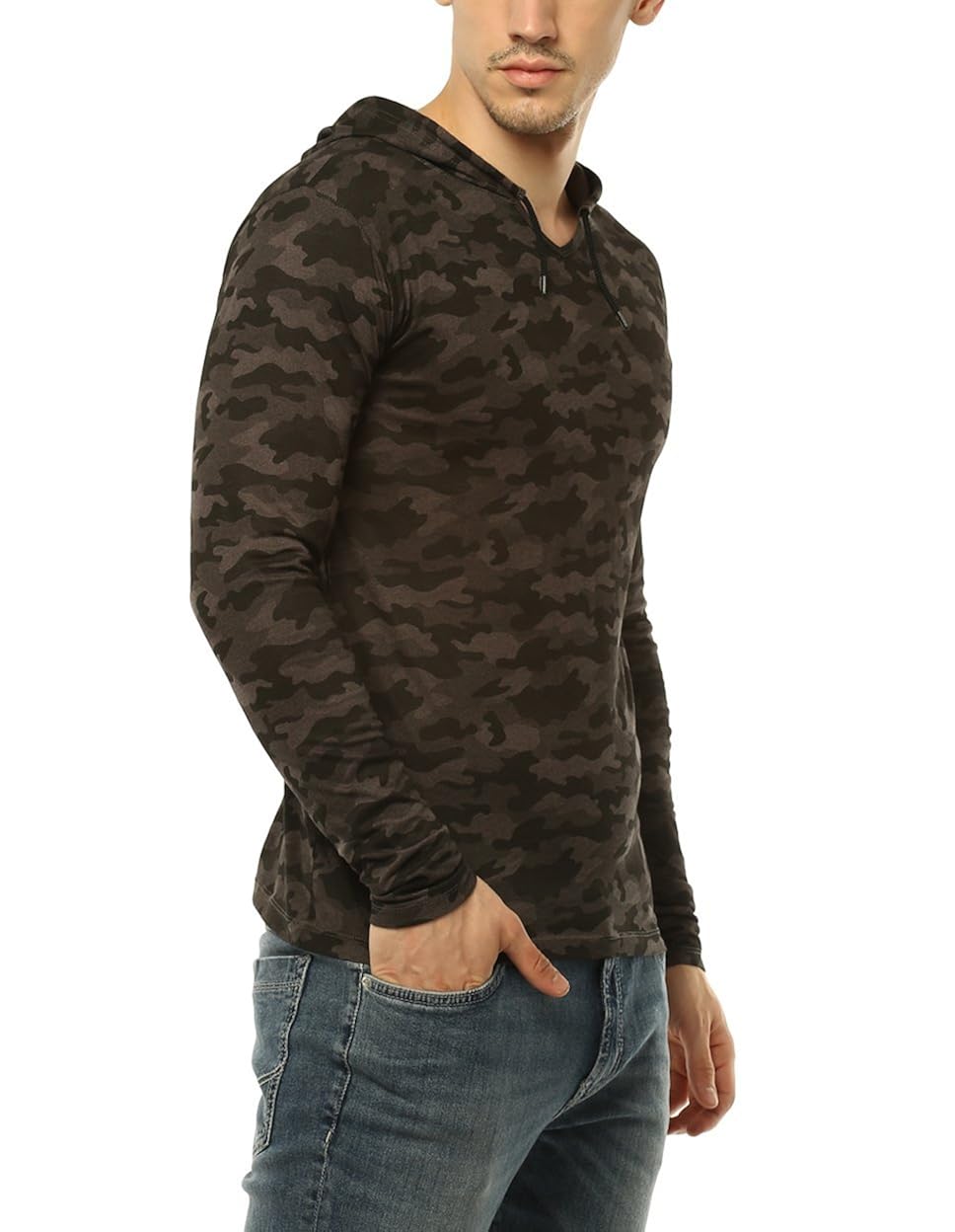 urbano fashion men's military camouflage dark grey hooded full sleeve cotton t-shirt