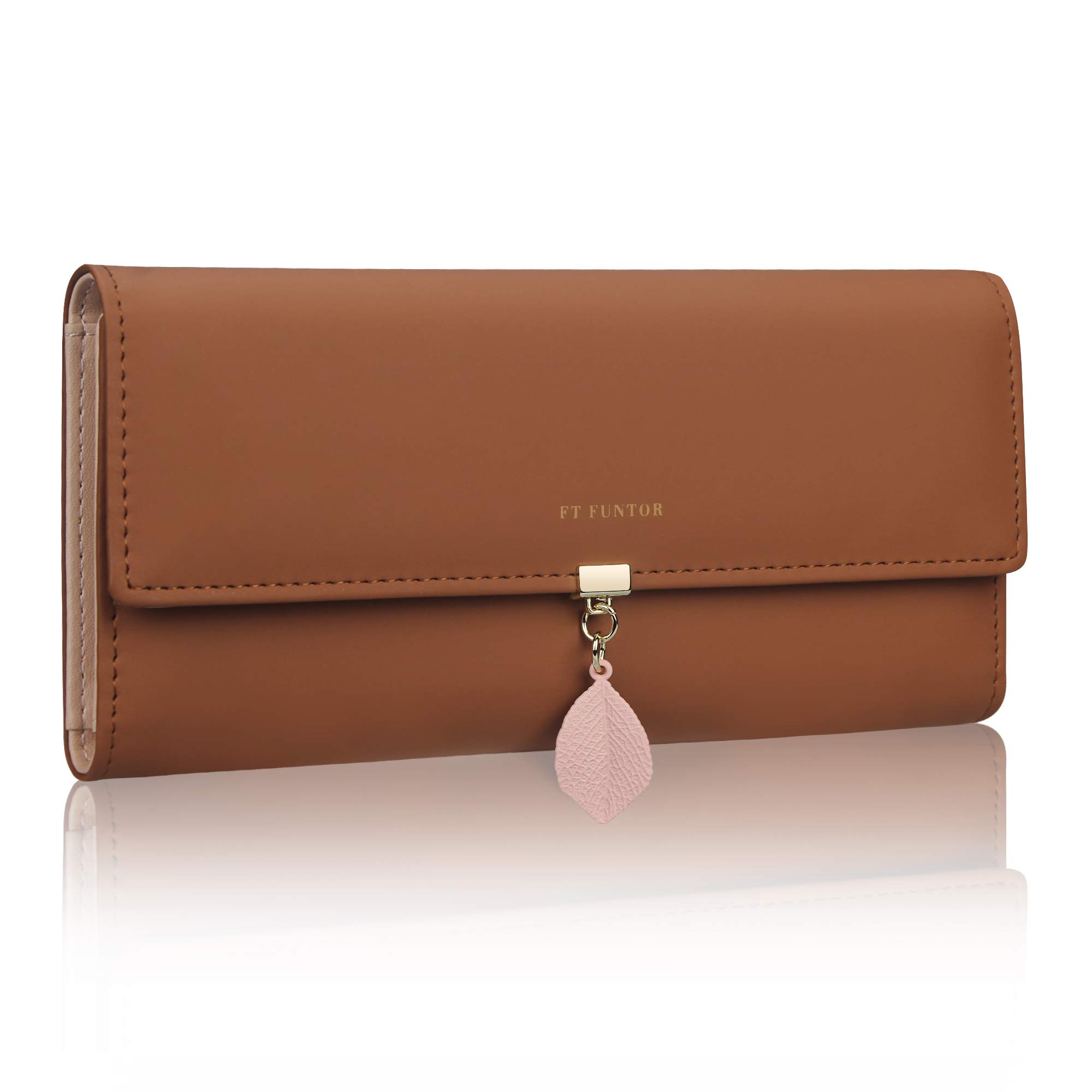 FT FUNTOR PU Leather Wallet for Women RFID Blocking Ladies Leaf Pendant Coin Zipper Long Purse with Multiple Card Slots and Card Holders Phone Pocket (L-Yellowish Brown)