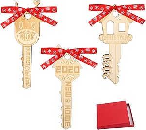 CCINEE 3PCS First Christmas in Our New Home Ornament Wodden Key with Ribbons 2020 Xmas Housewarming Gift for Holiday Party Decoration