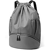 Valleycomfy Sports Drawstring Backpack - Water Resistant String Bag with Shoe Compartment Gym Backpack for Women & Men Dark Grey
