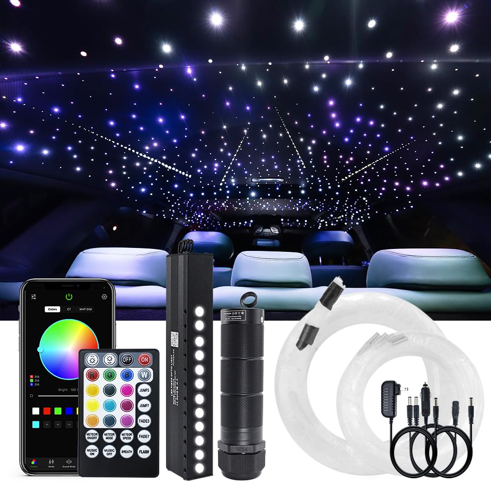 Photo 1 of AKEPO 6W Car Home APP Control+Music Mode+Meteor Effect Fiber Optic Lights Star Ceiling Light Kit, RGBW Sound Sensor Light Source+Mixed Fiber Cable 430pcs(0.75+1+1.5mm) 9.8ft/3m+28key Musical Remote