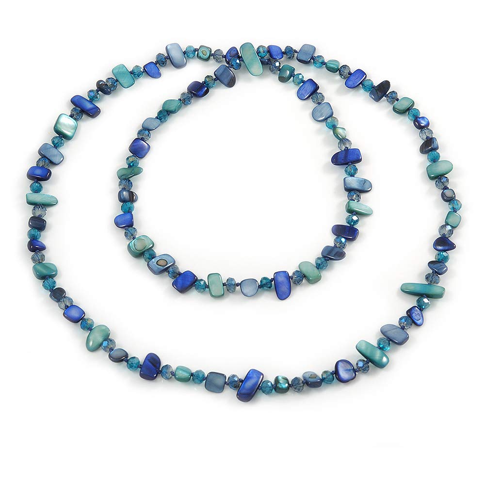 Avalaya Statement Long Blue/Teal Green Shell Nugget and Glass Crystal Bead Necklace/ 110cm Long