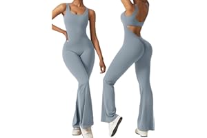 Vertvie Sleeveless Flare Jumpsuits for Women Sexy Backless Bodycon V Back Scrunch Butt Yoga Rompers Seamless Workout Bodysuit