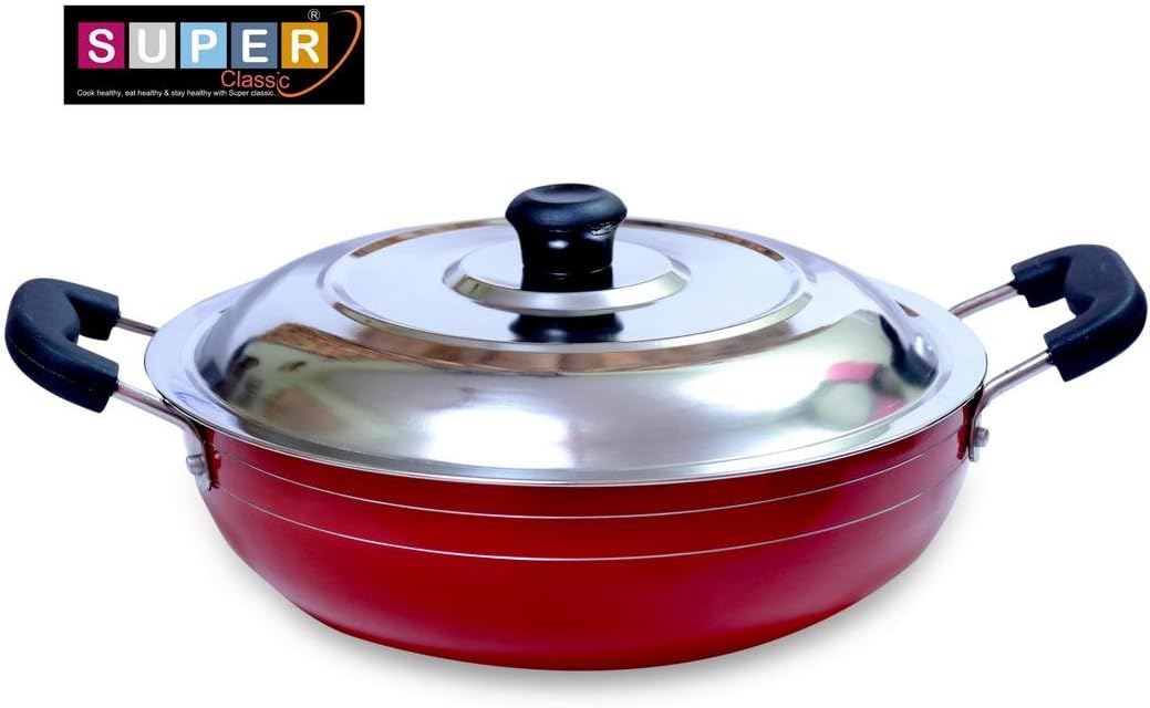 Super Classic 2.6mm Aluminium Non-Stick Coating Kadai with Steel Lid, 26cm, 3.4 Liter, Red Color