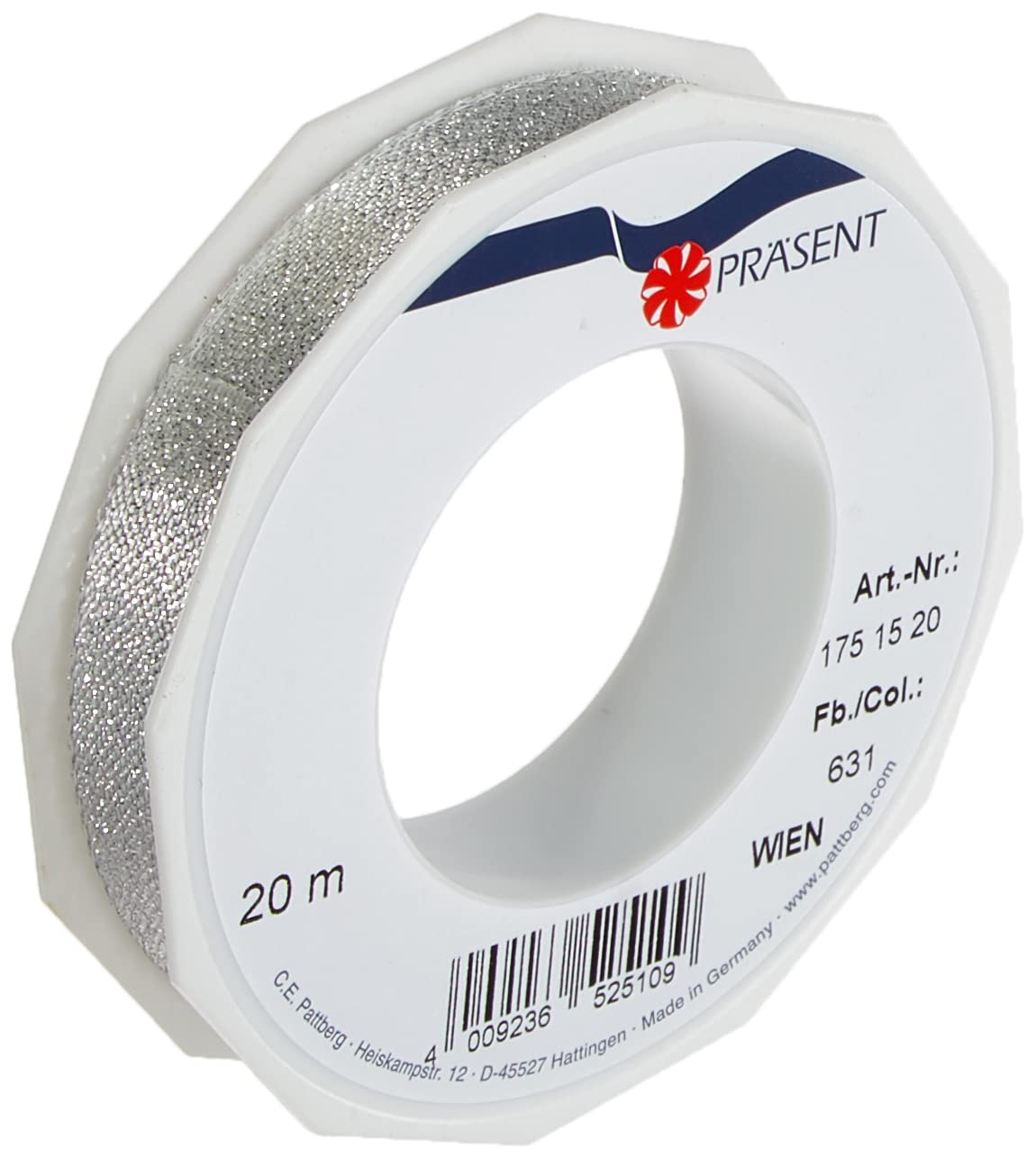 C.E. Pattberg WIEN Gift Ribbon in Silver, 22 yards of Metallic Mesh Ribbon for Gift Wrapping, 0.59 inches width, Accessories for Decoration & Handicrafts, Ribbon for Presents, for every occasion