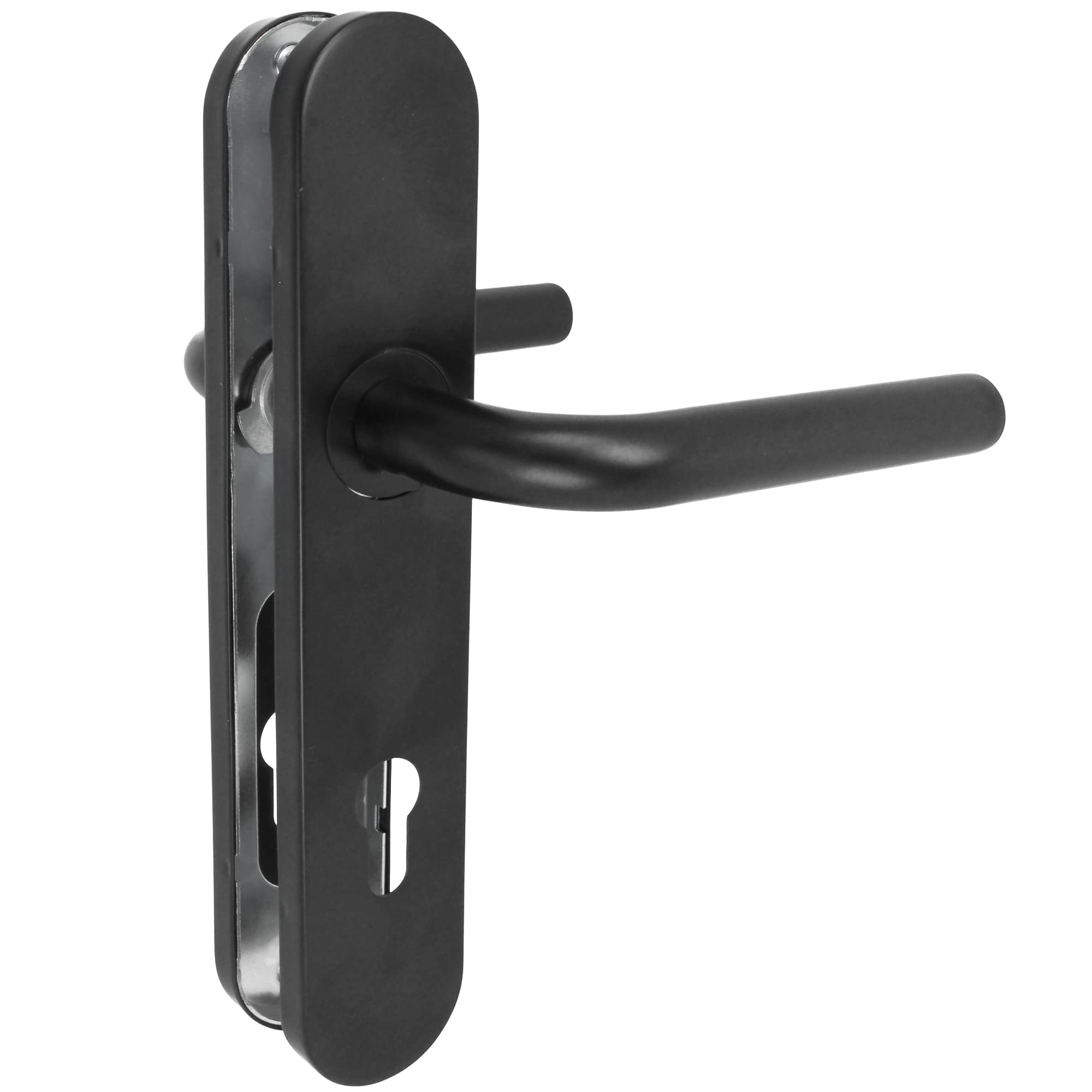 Amig - Door Handle Set with Polypropylene Plate for Doors | 245 x 45mm | 8mm Square Pin | Simple Design Ideal for Home or Office | with Key Escutcheon | Steel and Black Polypropylene
