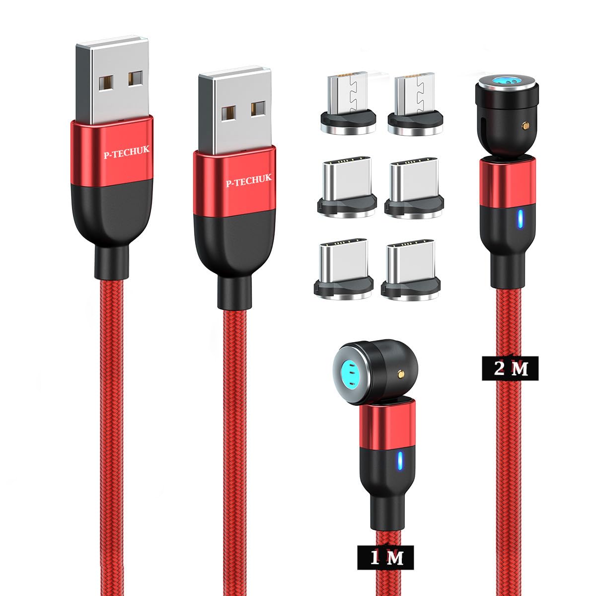 P-TECHUK Fast Charging Magnetic Data Cable, Magnetic Charging Cable with data transmission. Type C and Micro Usb connectors - A17 Red (1M 2 M Cables, 6 x Tips)