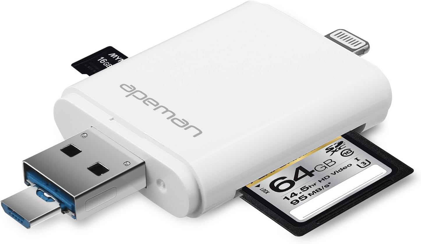 APEMAN Muti-functional Card Reader 3 in 1 Micro SD &TF Card Reader Adapter With Lightning ...