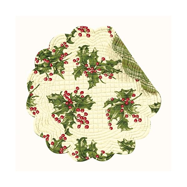 Set of 4 Pcs., 17 Inches Round Quilted Placemats, Holly, Cream