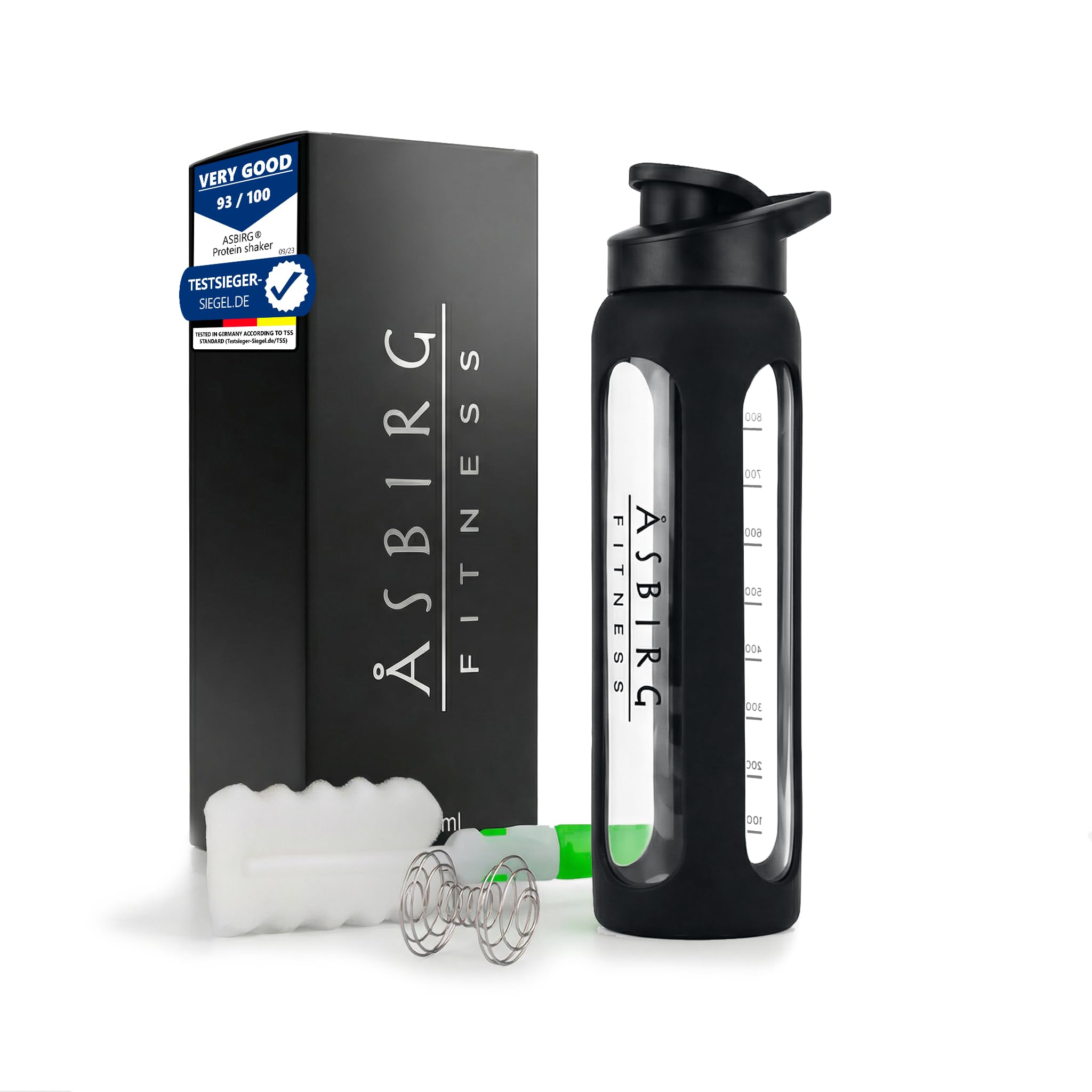 Asbirg Glass Protein Shaker Bottle 1000ml – Leakproof & BPA-Free – Borosilicate Glass Gym Shaker with Spiral Mixing Ball for Smooth Protein Shakes, Smoothies, Meal Replacement & Fitness - Black