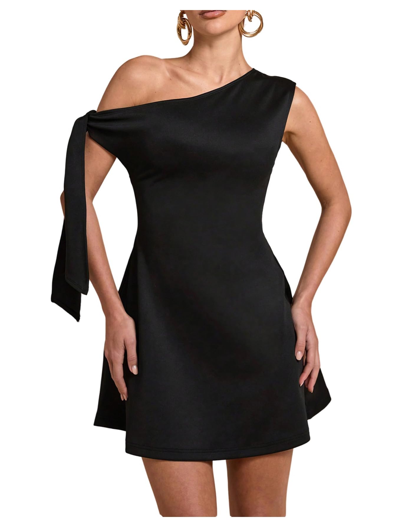 Photo 1 of Floerns Women's Elegant Off The Shoulder Mini Dress Tie Side Sleeveless Formal A Line Dresses Black Solid Pure Medium