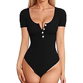 MANGOPOP Women's Henley Shirt Scoop Neck Button Down Ribbed Bodysuits Sleeveless Tank Tops Body Suit