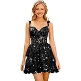 QFMYYXGS Sparkly Sequin Homecoming Dresses for Teens Tiered Lace Off Shoulder Short Prom Cocktail Party Dress 2025