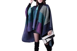 FEOYA Women's Color Block Shawl Wrap Elegant Cardigan Poncho Cape Warm Blanket Scarf Open Front Winter Sweater Coat