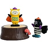 RAQWI 2Pcs Cute Mini Cat Figurine and a Tree Stump for Office, Home Decoration for Cat Lovers