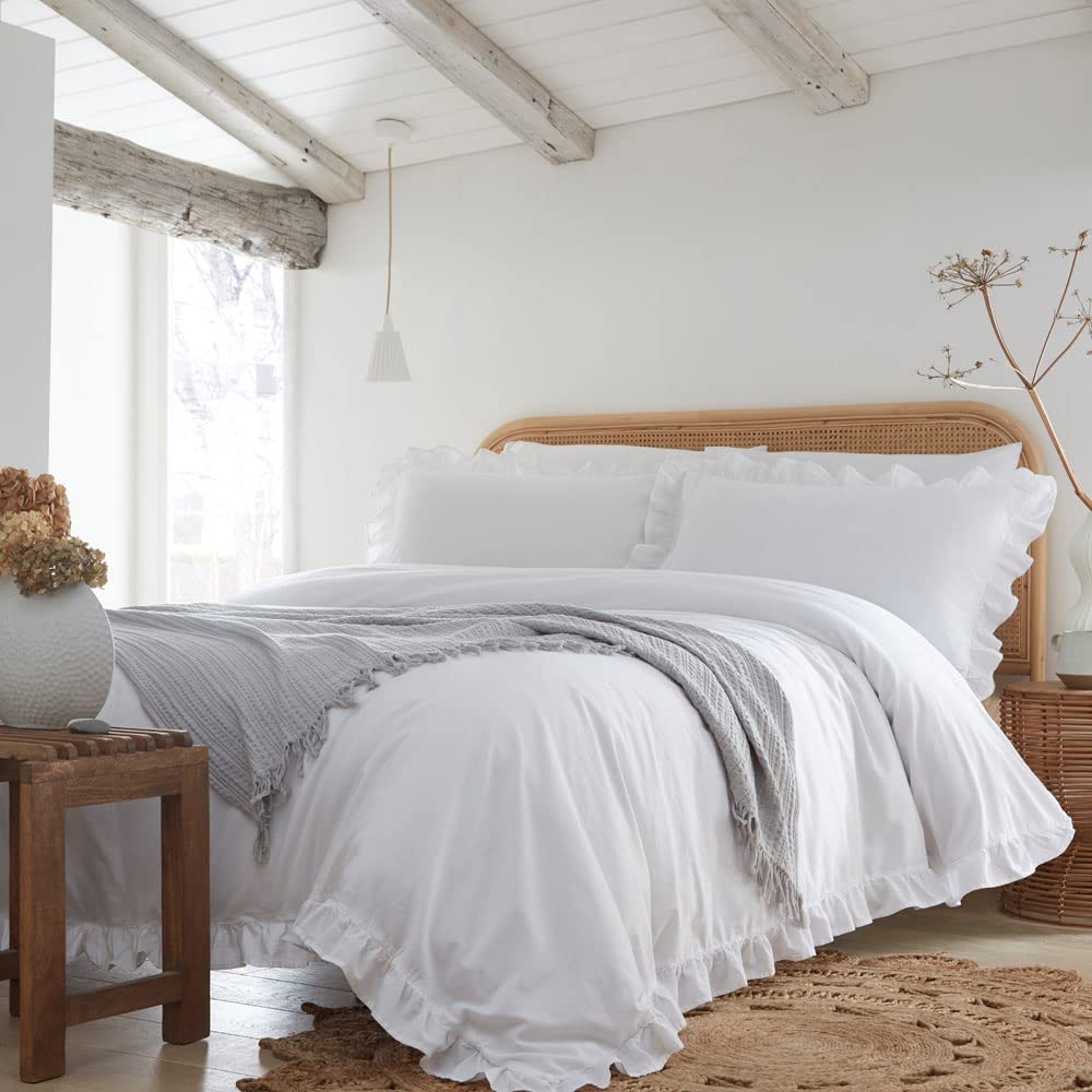 Appletree White Frill Duvet Cover – Double Size (200x200cm) – Soft 100% Cotton – 2 Pillowcases – Ruffle Bedding Set – Vintage White Bedroom Style — image 1