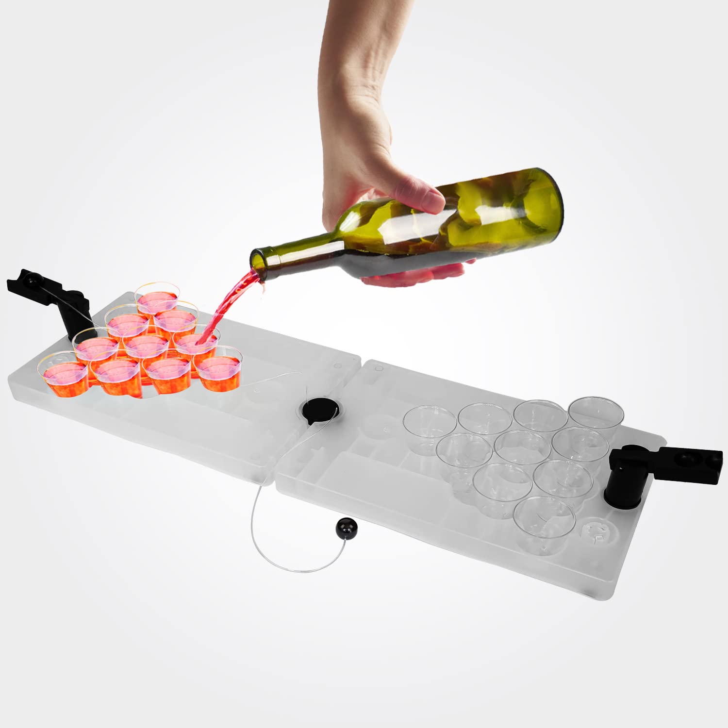 SHOTPONG Mini Beer Pong Drinking Game, White - Includes 2 Catapults, 22 Transparent Cups and 2 Casting Balls for Pre-Glow, Parties, Festivals, and Home Use