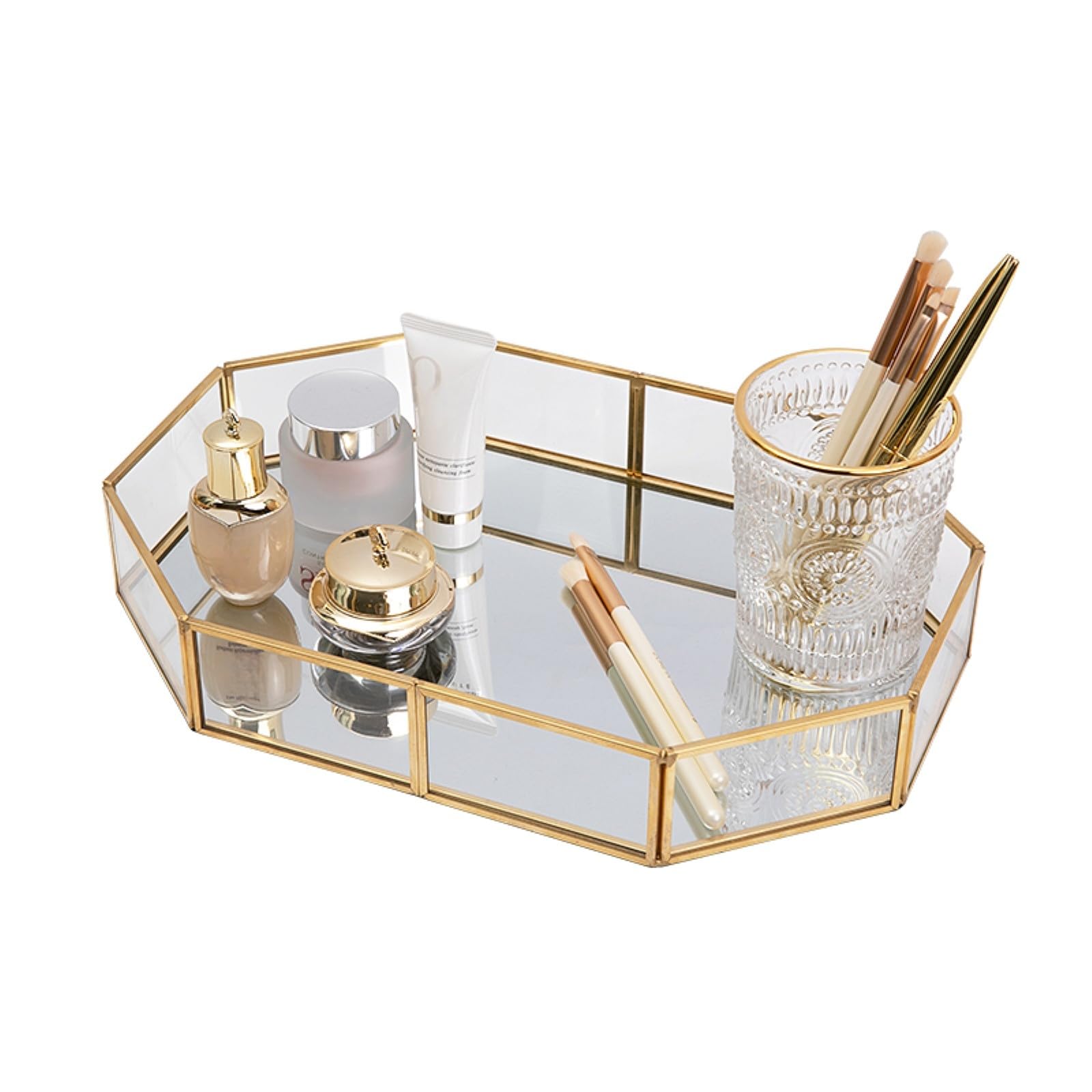SLHEQING Mirror Tray Gold Vintage Perfume Tray Makeup Jewelry Organizer, Glass Vanity Tray Metal Polygon Tray