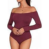 MANGOPOP Women's Off The Shoulder Long Sleeve Bodysuit Sexy Backless Body Suit Tops Burgundy L