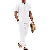 COOFANDY Mens 2 Pieces Cotton Linen Sets Short Sleeve Casual Henley Shirt Summer Beach Pants Lounge Vacation Outfits Set