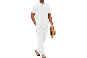 COOFANDY Mens 2 Pieces Cotton Linen Sets Short Sleeve Casual Henley Shirt Summer Beach Pants Lounge Vacation Outfits Set