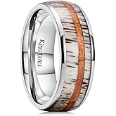 King Will 8mm Black Titanium Ring Sapele Wood Antlers Inlay Wedding Ring High Polished for Women Men Comfort Fit