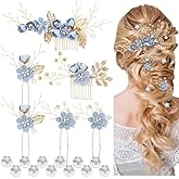 Cinaci 18 Pieces Bridal Wedding Party Prom Pearl Rhinestone Light Blue Flower Hair Side Combs Slides+U-shaped Flower Hair Pins+Twist Spiral Hairpins Floral Headpieces for Brides Bridesmaids Women Girl