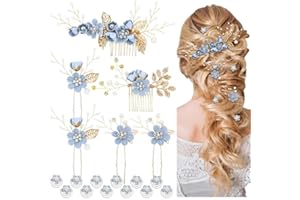 Cinaci 18 Pieces Bridal Wedding Party Prom Pearl Rhinestone Light Blue Flower Hair Side Combs Slides+U-shaped Flower Hair Pins+Twist Spiral Hairpins Floral Headpieces for Brides Bridesmaids Women Girl