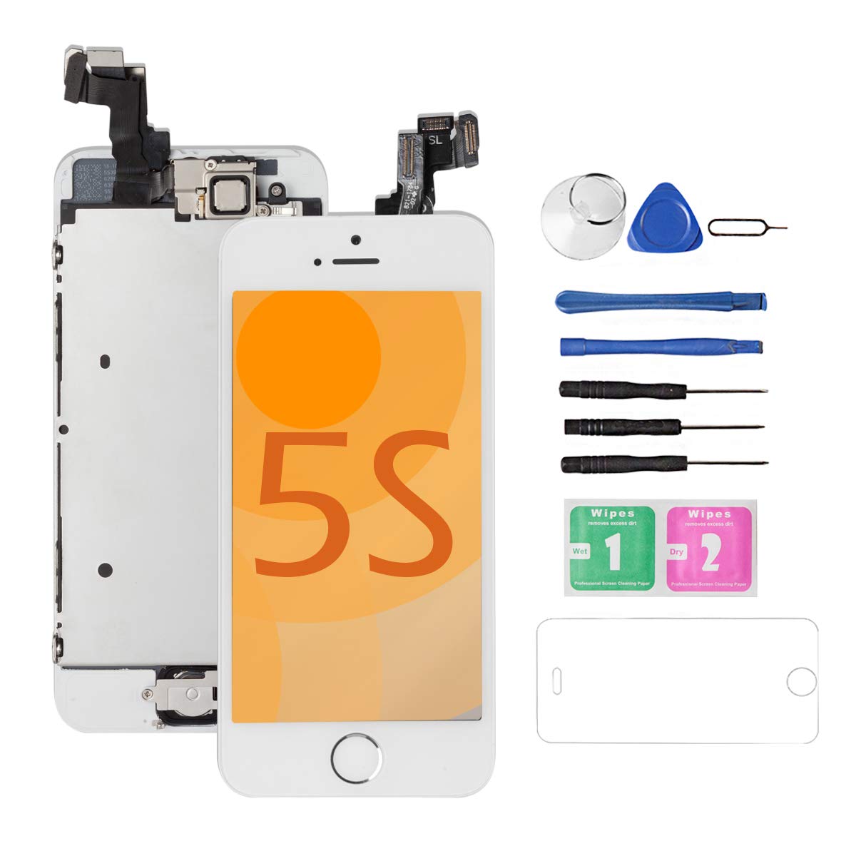for iPhone 5S Screen Replacement [White] Full Assembly with Home Button,Camera, Drscreen LCD Display Touch Screen Digitizer Replacement for A1533,A1457,A1453,A1530, w/Repair Tool Kits Glass Protector
