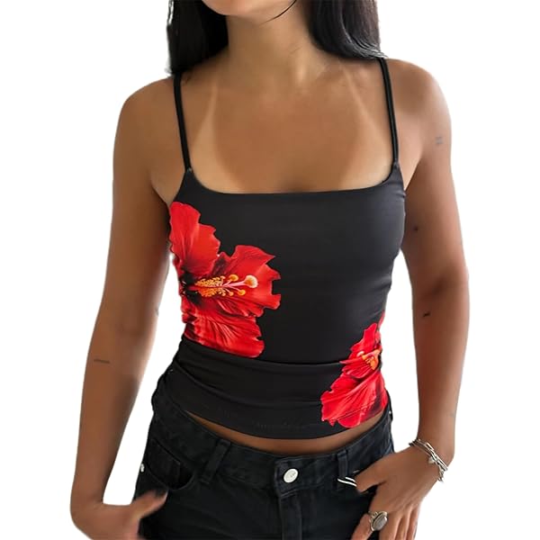 トップス S flower taped camisole Women Y2k Floral Print Camisole Flower Spaghetti Strap Tank