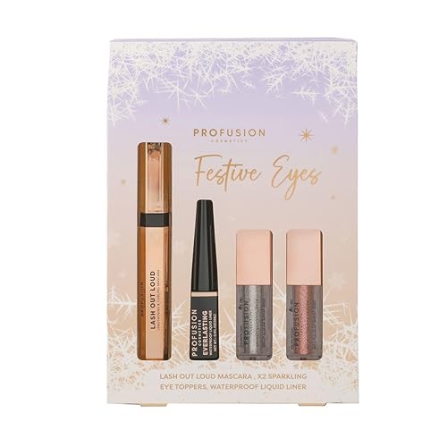 Profusion Cosmetics Festive Eye Kits and Liquid Eyeshadow for Flawless Eye Catching Look, Finish Your Look With Classic Black Liquid Liner, and Lash Out Loud Lengthening With Curling Mascara