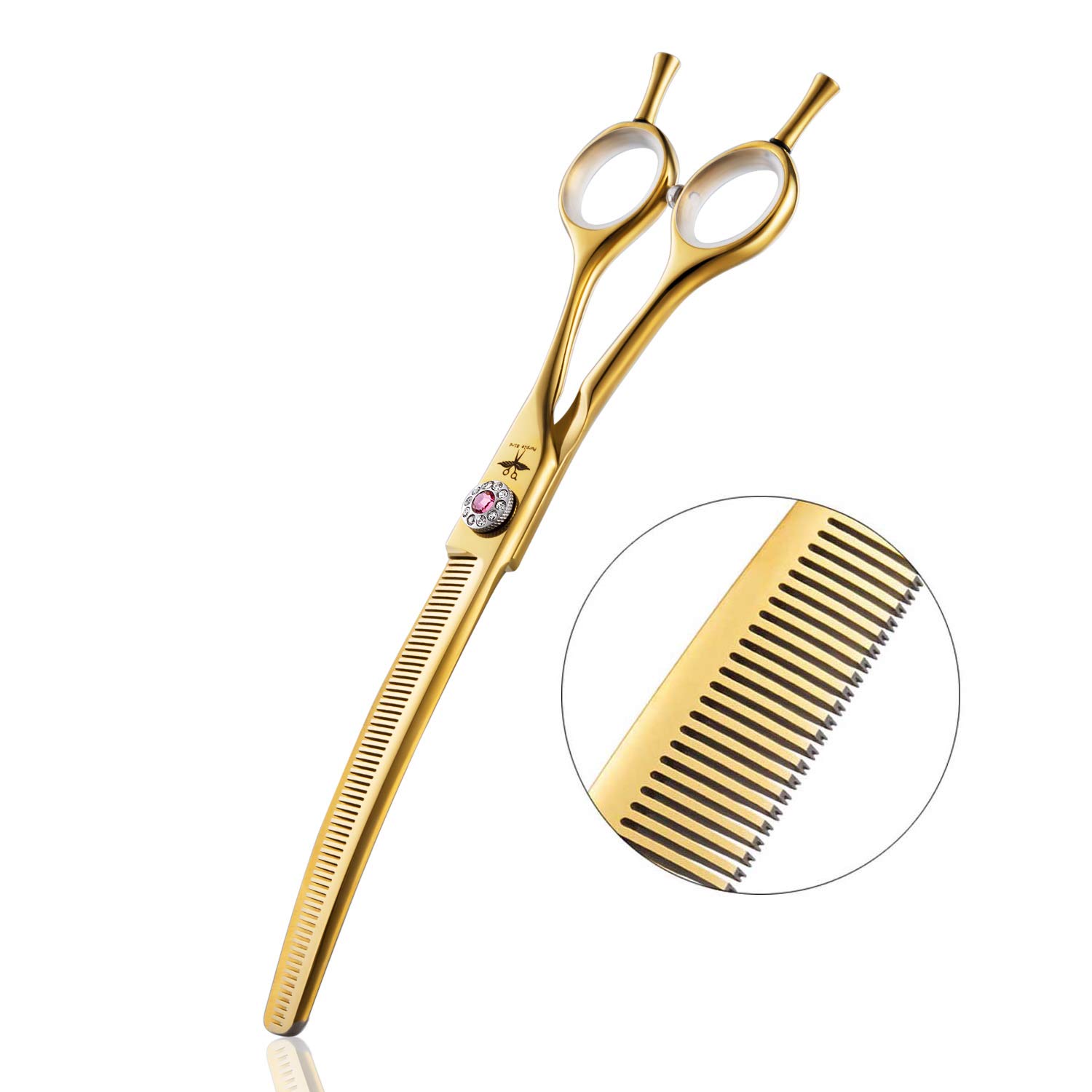 PURPLEBIRD 7 Inch Downward Curved Dog Grooming Scissors Thinning Texturizing Shears Professional Safety Blunt Tip Trimming Shearing for Dogs Cats Face Paws Limbs Japanese Stainless Steel Yellow