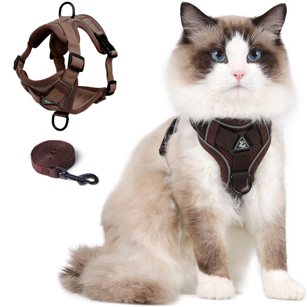 Cat Harness and Leash Set, Upgraded Escape Proof Adjustable Vest with Lead for Kitten Puppy Outdoor Walking, Soft Breathable Mesh Jacket with Reflective Strips for Dark Night (M, Coffee Brown)