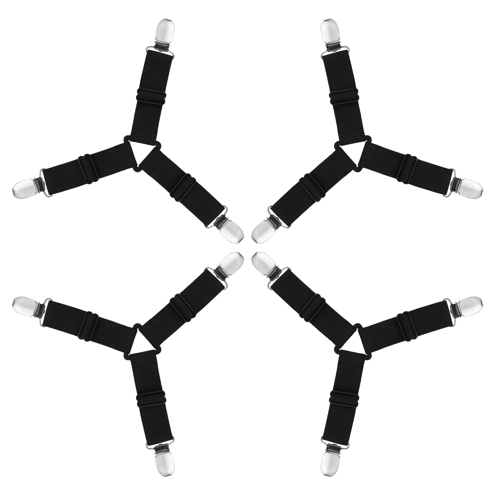 AUAUY 4 PCS Bed Sheet Clips, Adjustable Bed Sheet Straps with Clips, Mattress Fasteners to Hold Sheets in Place, Elastic Bed Sheet Holder Corner Straps for Bedding, Sofa Cushion-Black, 3 Clips