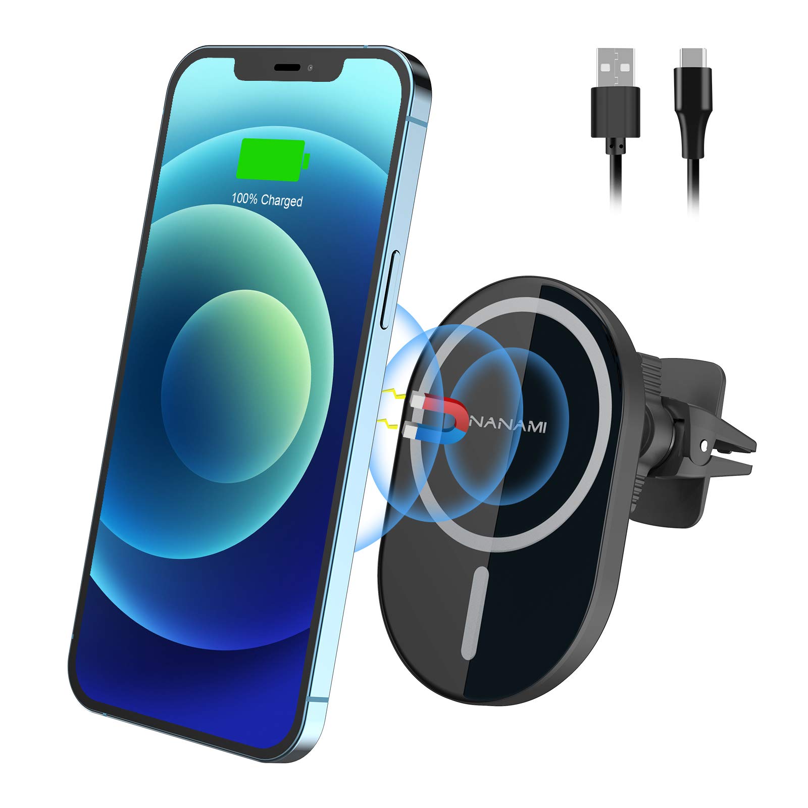 NANAMI Magnetic Wireless Car Charger - 7.5W Fast Charging Compatible with MagSafe Car Charger, Air Vent Mount Holder Compatible for iPhone 14/13/13Pro/ 12/12 Pro/12 mini/12 Pro Max, etc