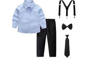 aromm 5pcs Boys Formal Suit Set Slim Fit School Uniform Dress Shirt + Pants + Tie + Bowtie + Elastic Suspenders
