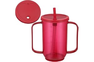 Sliner Adult Sippy Cups for Elderly 12 oz Straw Sippy Cups with 2 Handles No Spill for Adults Spill Proof Dysphagia Cup for Disabled Patients(Red)