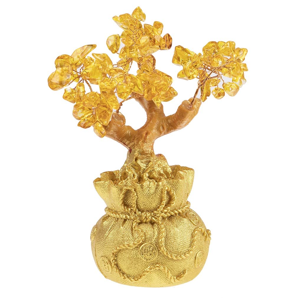 lachineuse - Feng Shui Tree in Yellow Citrine - Fortune Tree 17 cm - Asian Japanese Decoration - Fortune Tree with Golden Stand - Decorative Asian Gemstones - Japanese Zen Object