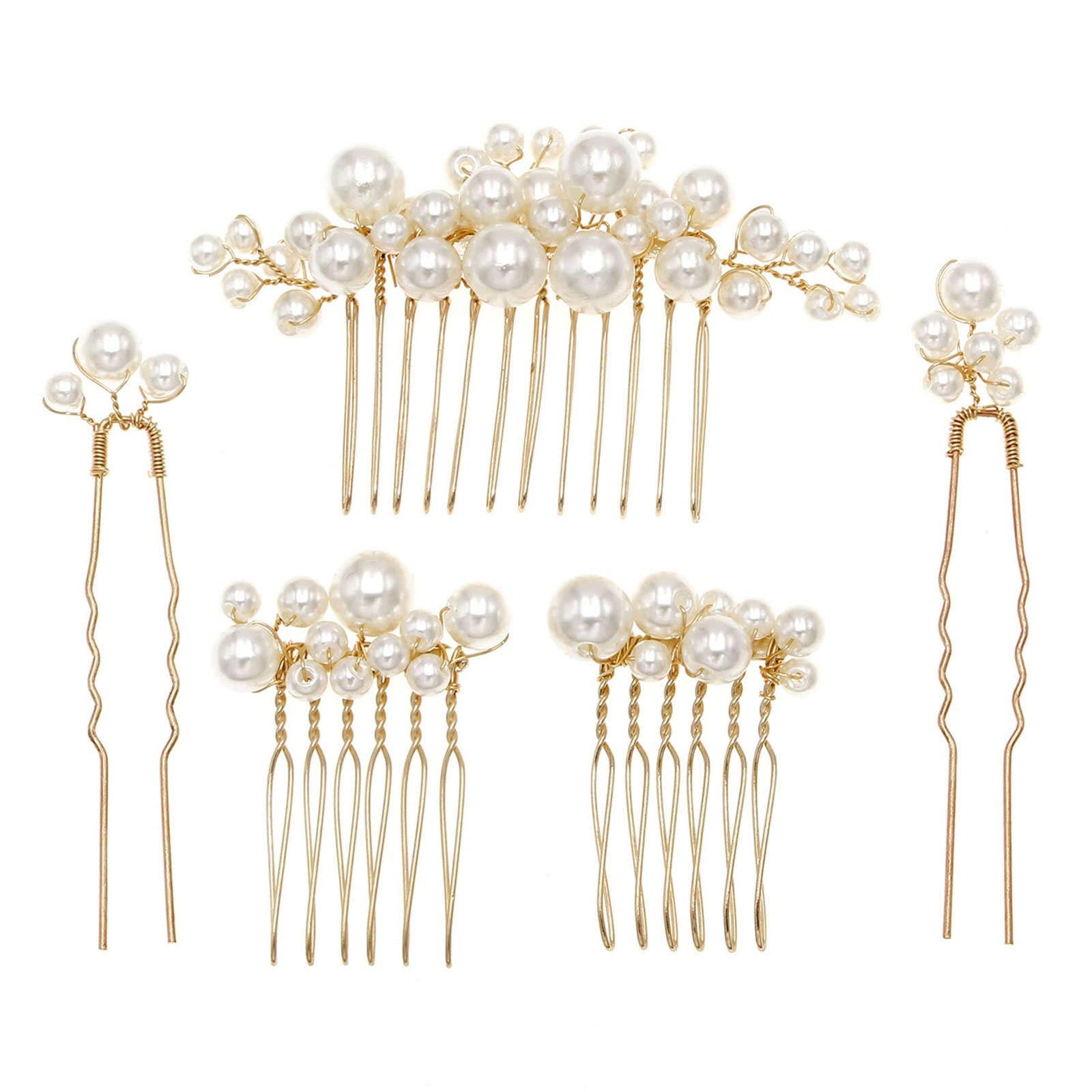 Photo 1 of Sppry Wedding Pearl Hair Combs Set of 5 PCS - Elegant Hair Accessories for Bridal Women (Gold)