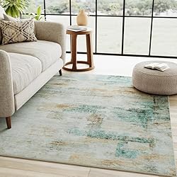 WondRg 4x6 Washable Area Rug Teal Beige Abstract
