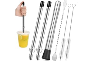 TACGEA 6 Pcs Straw Puncher and Muddler for Plastic Lids Lemonade Cups, Stainless Steel Muddler and Mixing Spoon-Straw Hole Pu