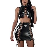 VWIWV Women's Bandage Faux Leather Dress Criss Cross 2 Piece Lace Up Crop Top and Bodycon Mini Skirt Sets Outfits
