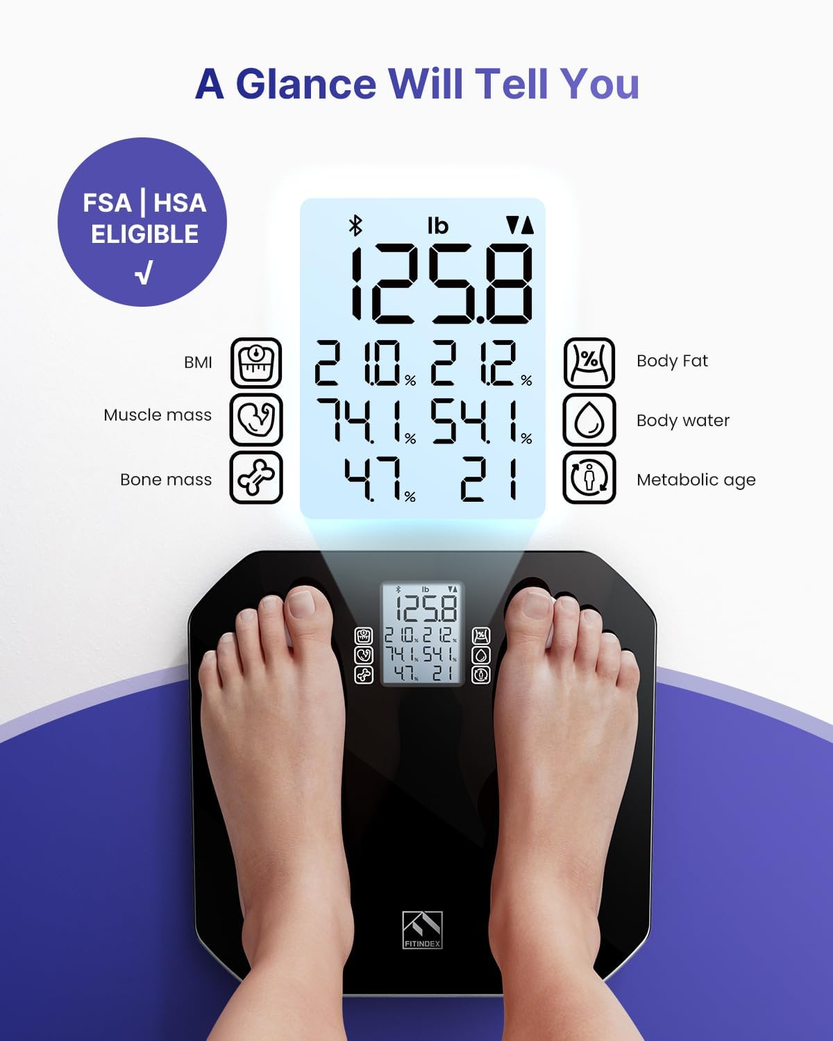 FITINDEX Body Fat Scale, FSA HSA Eligible, Digital Smart Bathroom Scale for 13 Body Composition Analyzer, Large LCD Display Screen, Sync with Fitness App